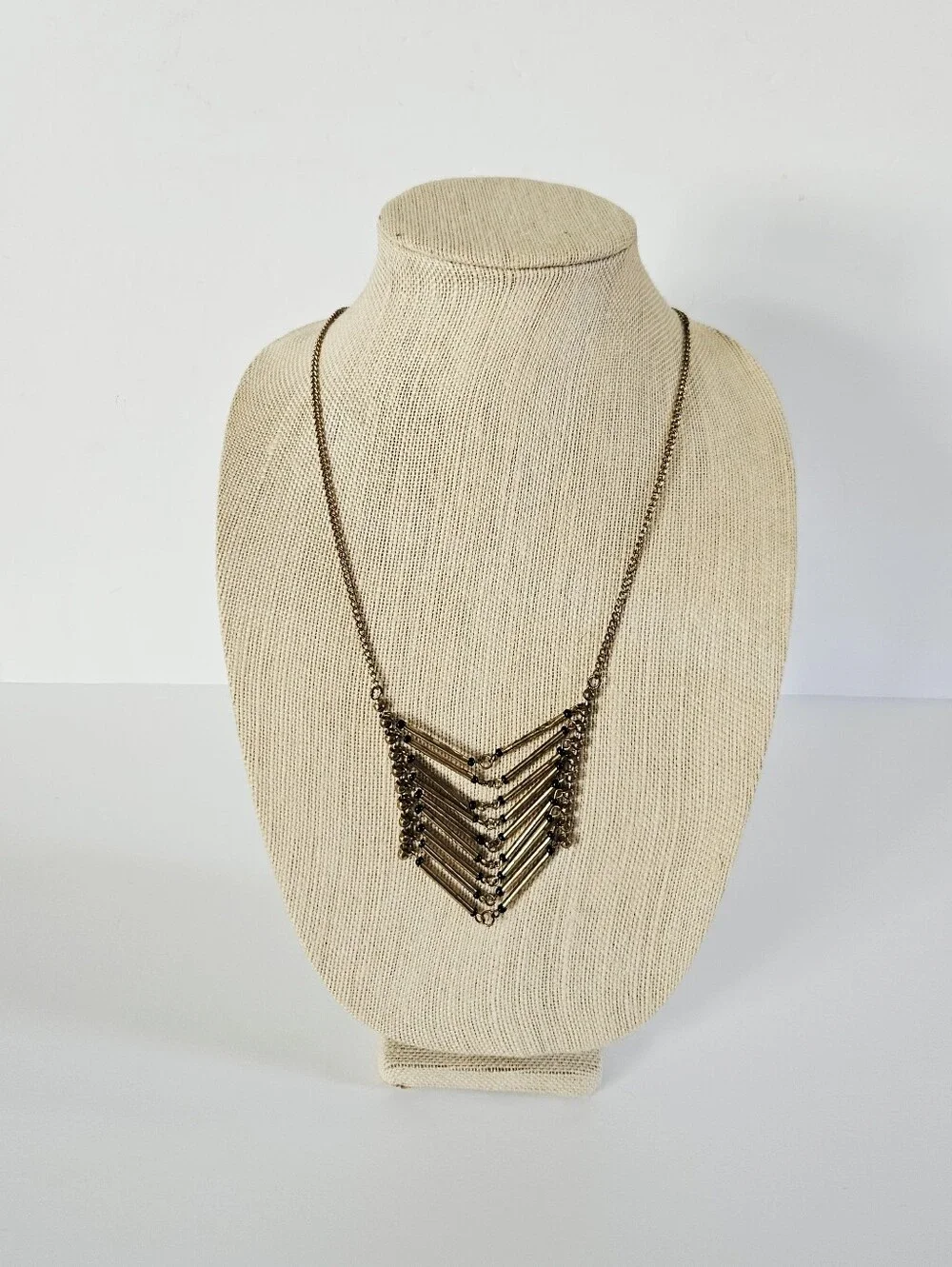 Vintage Geometric Brass Tube Beaded Chevron Hinged Cascade Bib Chain Necklace
